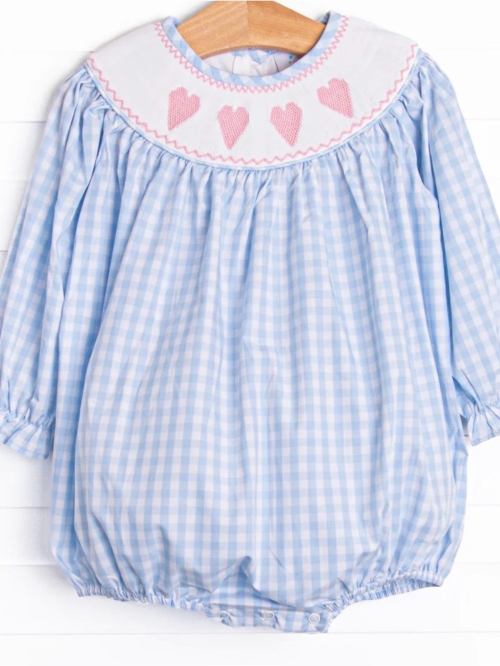 Stitchy Fish blue gingham smocked heart bubble (9 months)